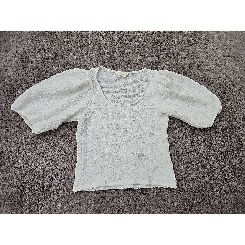 Maeve by Anthropologie Blouse Womens Large White Textured Puff Sleeve Scoop Neck